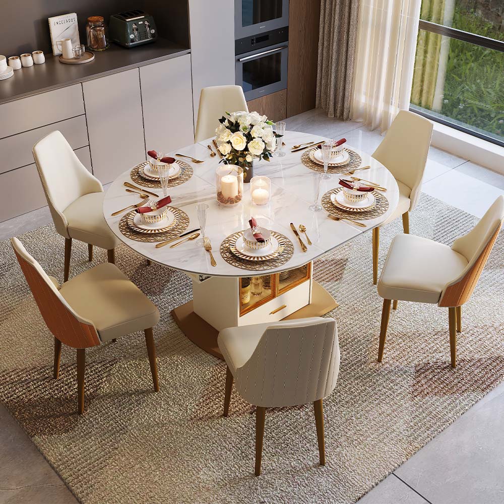 Extendable White & Gold Glossy Sintered Stone Dining Tables