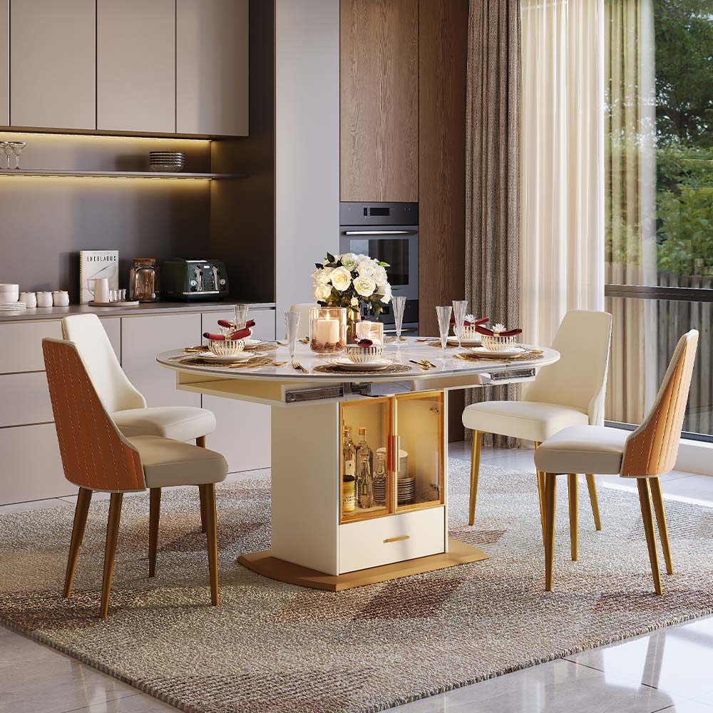Oval White & Gold Glossy Sintered Stone Dining Tables
