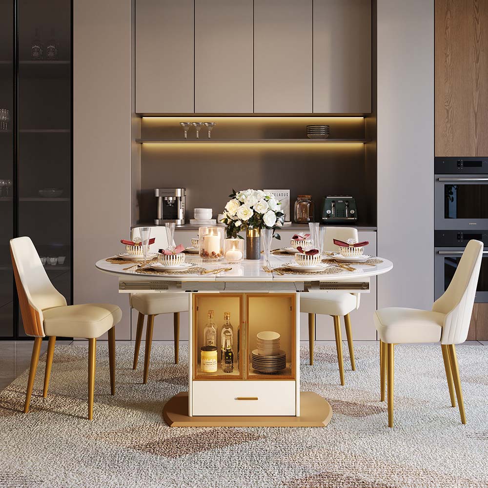 Extendable White & Gold Glossy Sintered Stone Dining Tables