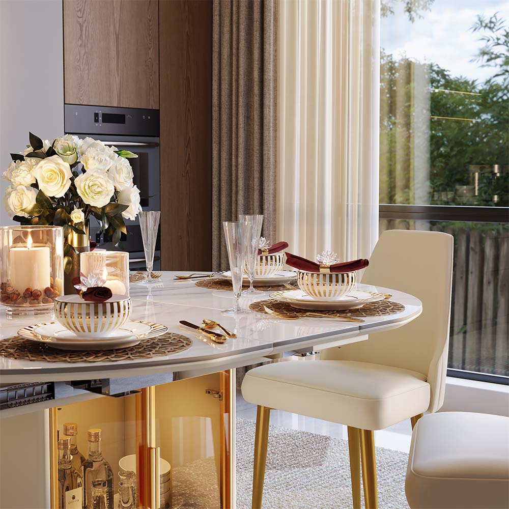 with Light White & Gold Glossy Sintered Stone Dining Tables