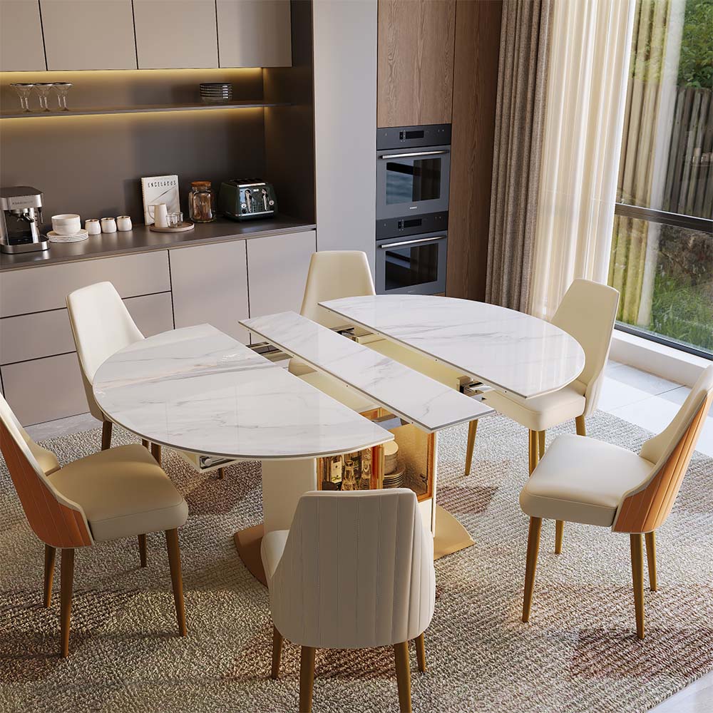 Sintered Stone White & Gold Glossy Sintered Stone Dining Tables