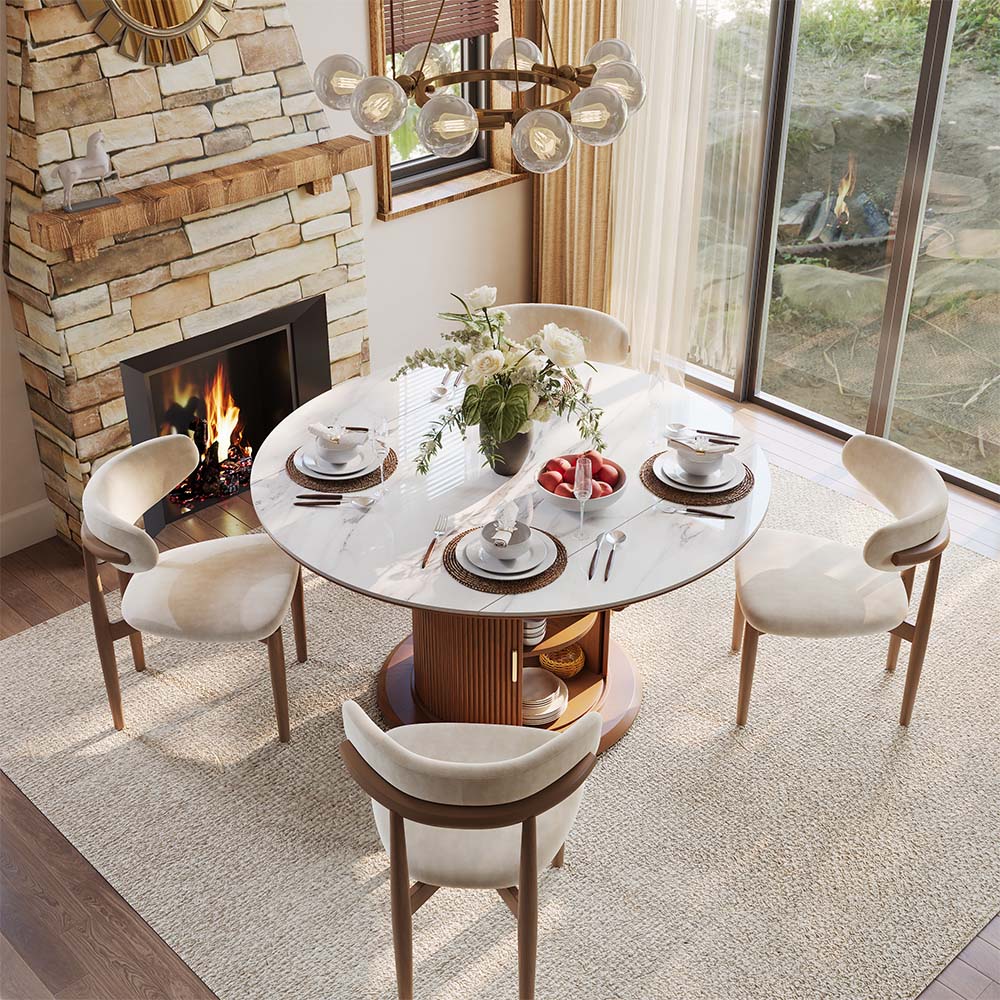 with Cabinets White & Walnut Glossy Sintered Stone & MDF Dining Tables