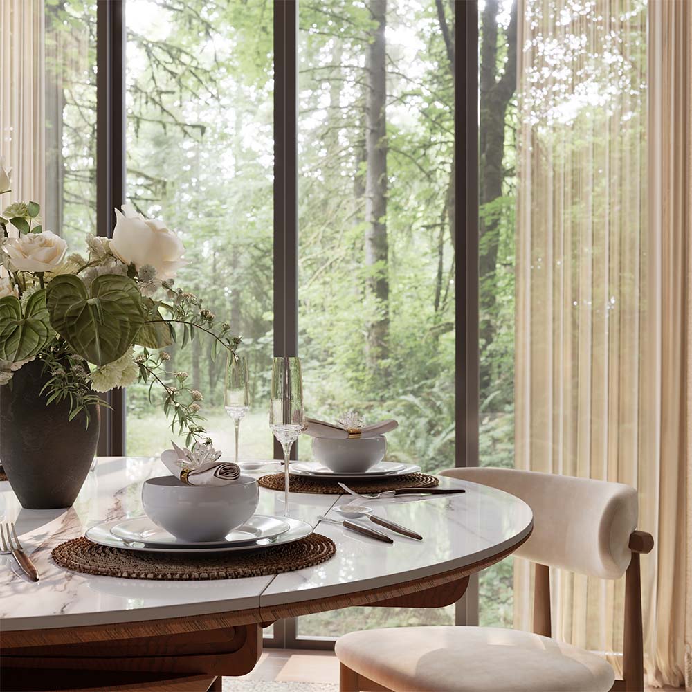 Round White & Walnut Glossy Sintered Stone & MDF Dining Tables