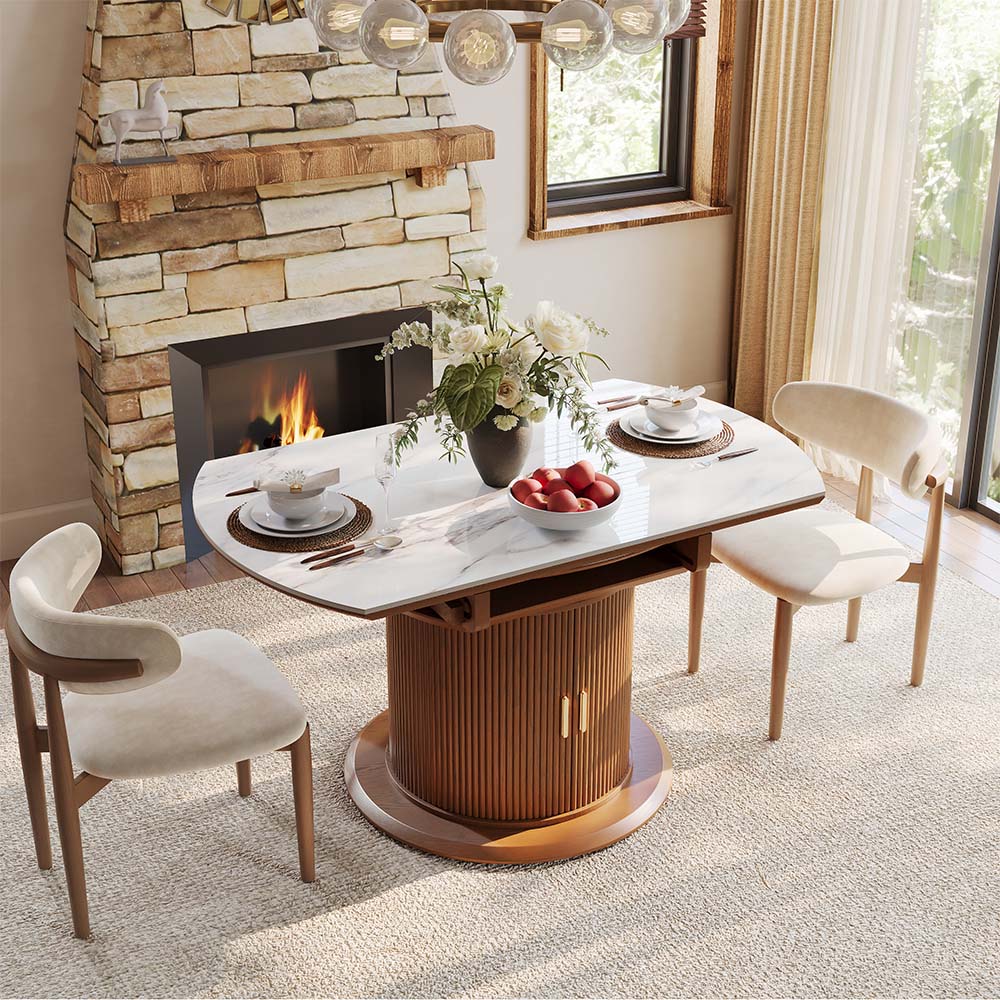 Wood White & Walnut Glossy Sintered Stone & MDF Dining Tables