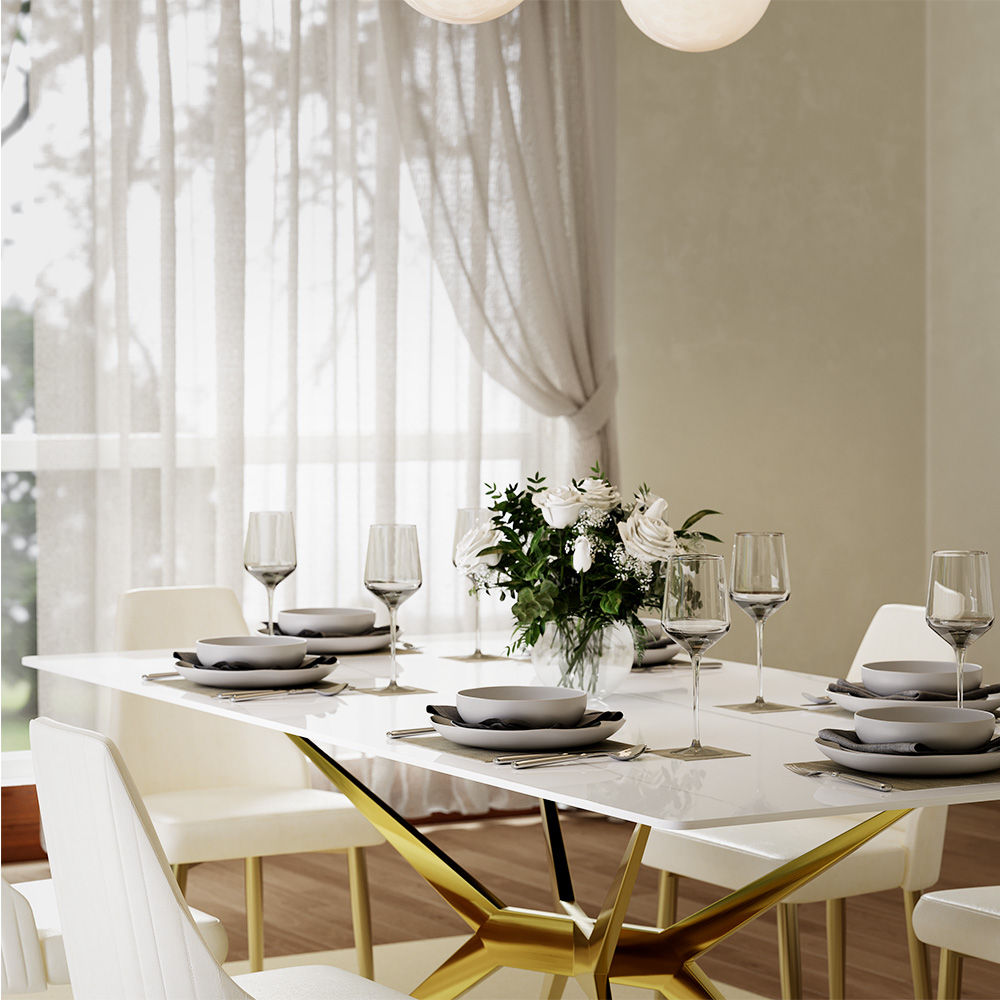 White & Gold Glossy Sintered Stone Dining Tables