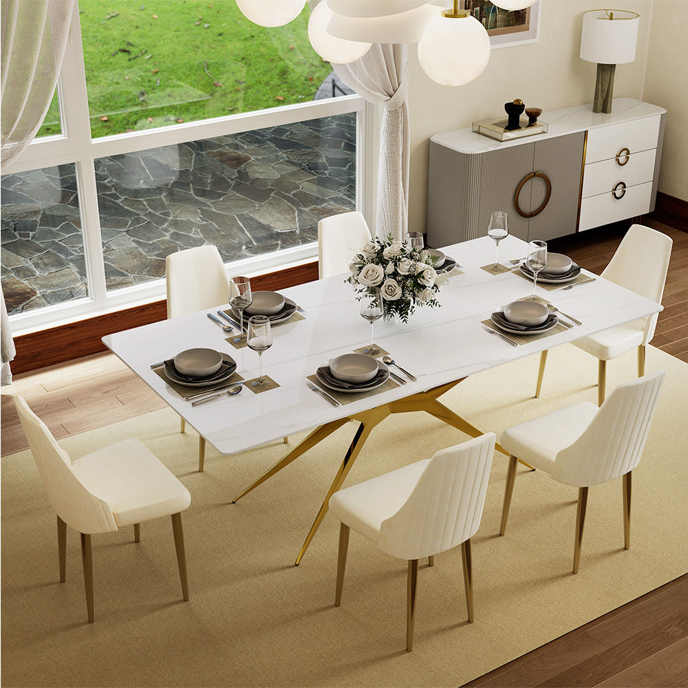 White & Gold Glossy Sintered Stone Dining Tables