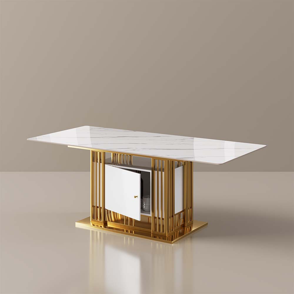 for 6 White & Gold Glossy Sintered Stone Dining Tables
