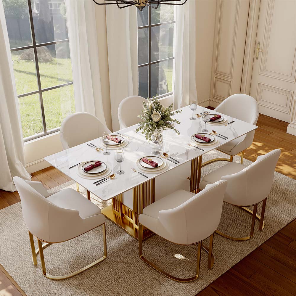 Rectangular White & Gold Glossy Sintered Stone Dining Tables