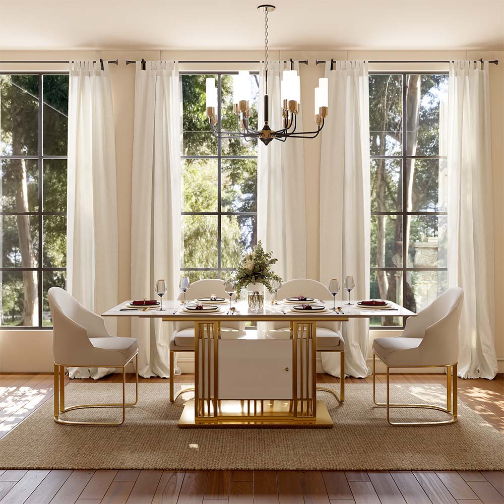 Rectangular White & Gold Glossy Sintered Stone Dining Tables