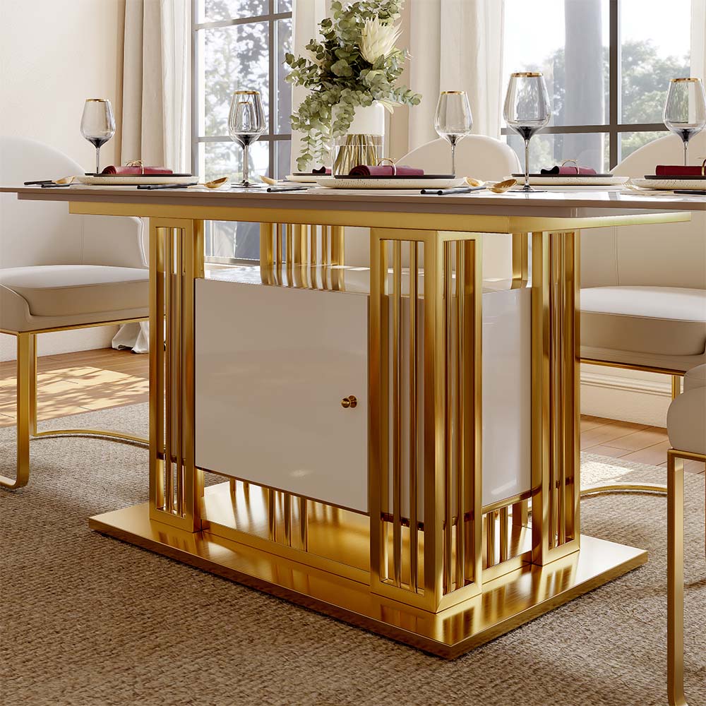 Sintered Stone White & Gold Glossy Sintered Stone Dining Tables
