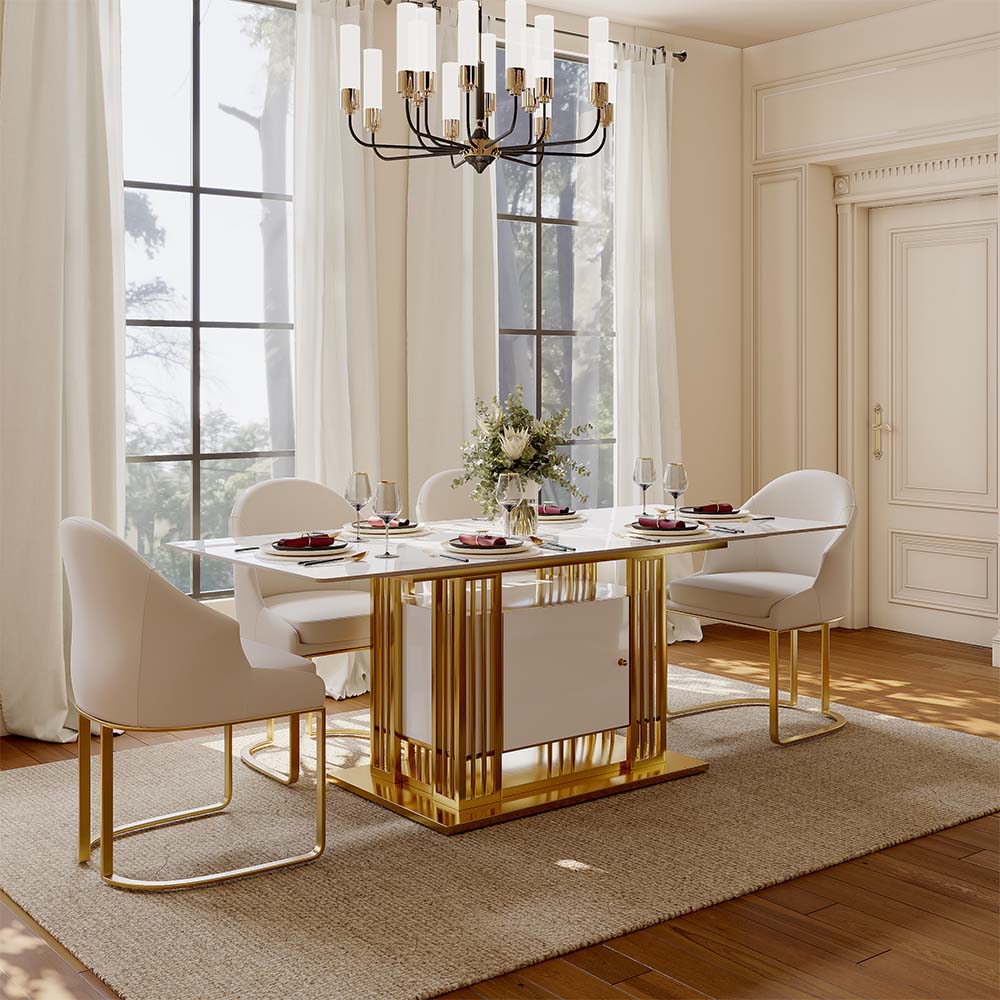 for 6 White & Gold Glossy Sintered Stone Dining Tables