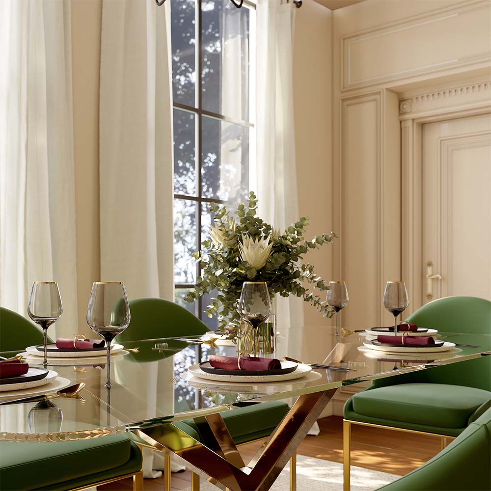 Rectangular Clear & Gold Tempered Glass Dining Tables