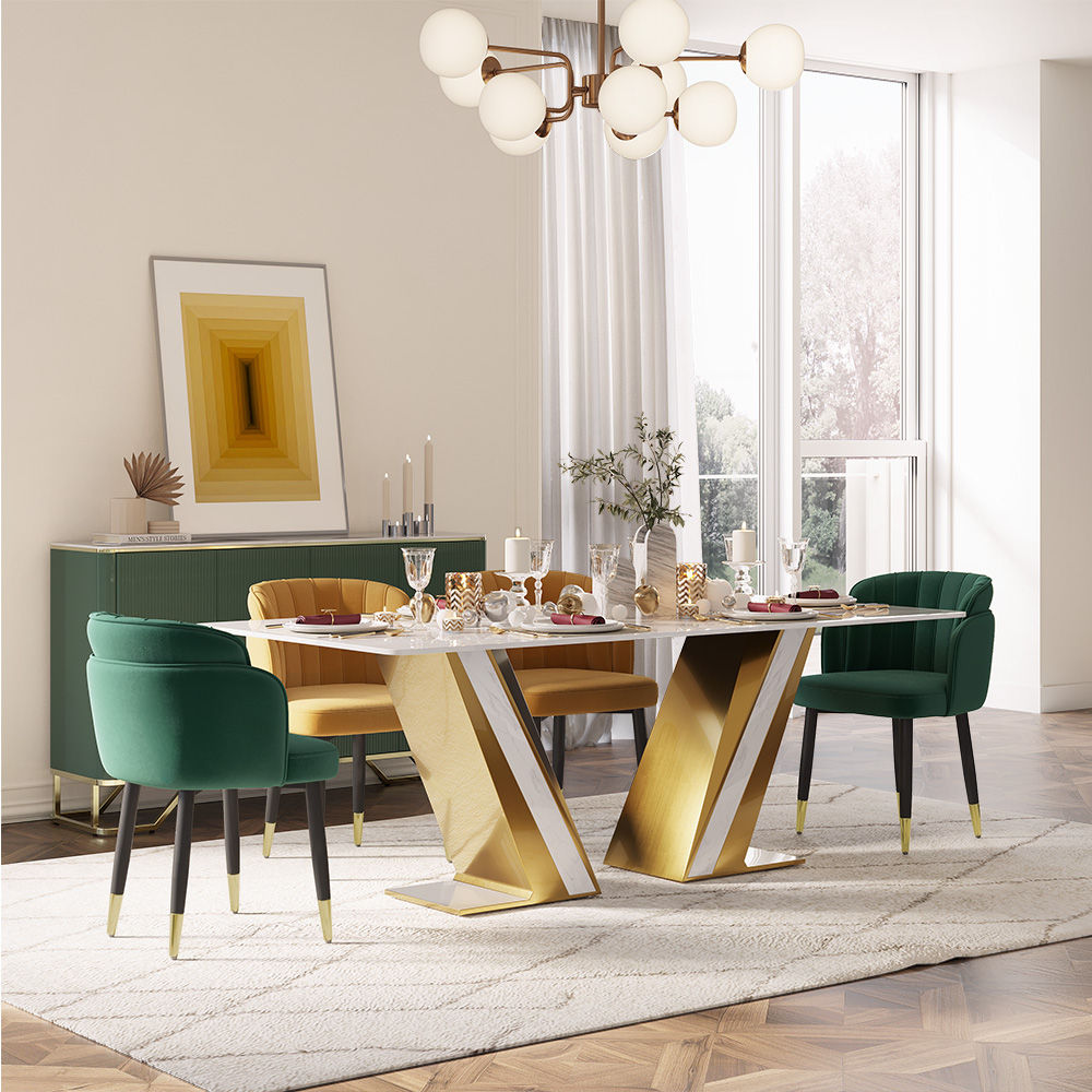 Partly Assemble White & Gold Glossy Sintered Stone Dining Tables