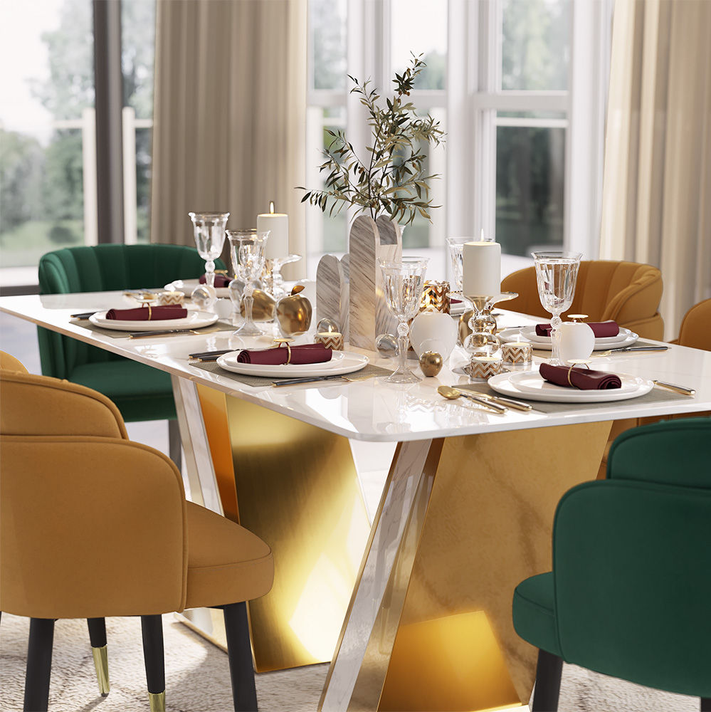 Sintered Stone White & Gold Glossy Sintered Stone Dining Tables