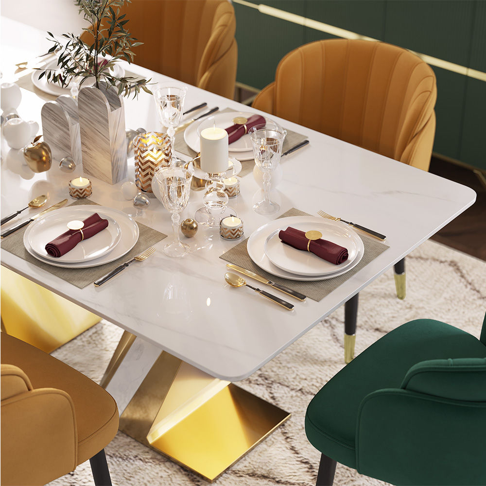 Rectangular White & Gold Glossy Sintered Stone Dining Tables