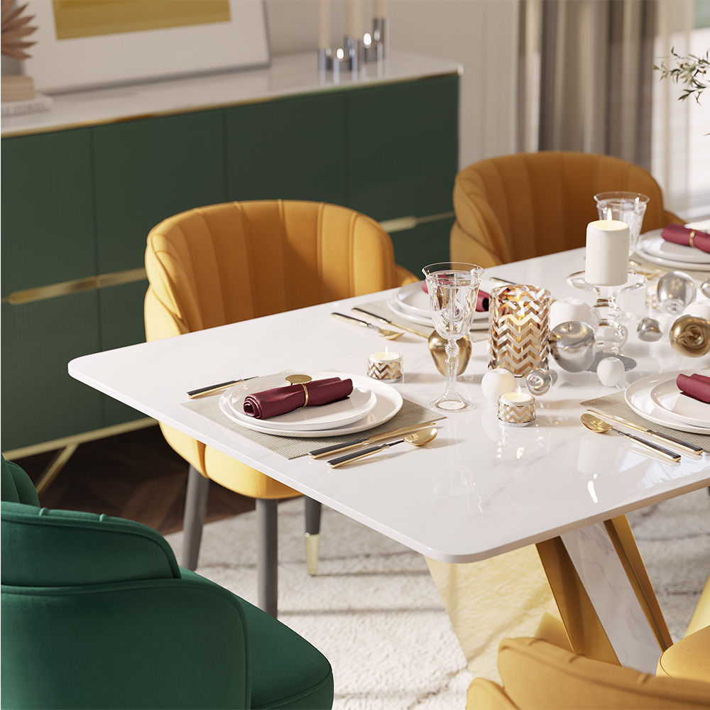 Sintered Stone White & Gold Glossy Sintered Stone Dining Tables