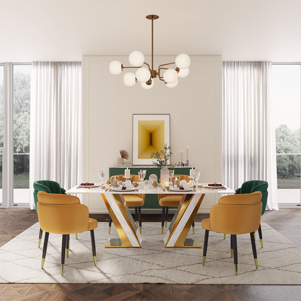 for 6 White & Gold Glossy Sintered Stone Dining Tables