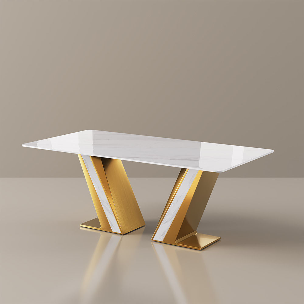 Metal Leg White & Gold Glossy Sintered Stone Dining Tables