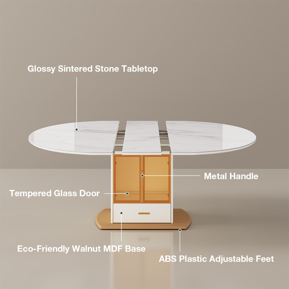 Extendable White & Gold Glossy Sintered Stone Dining Tables
