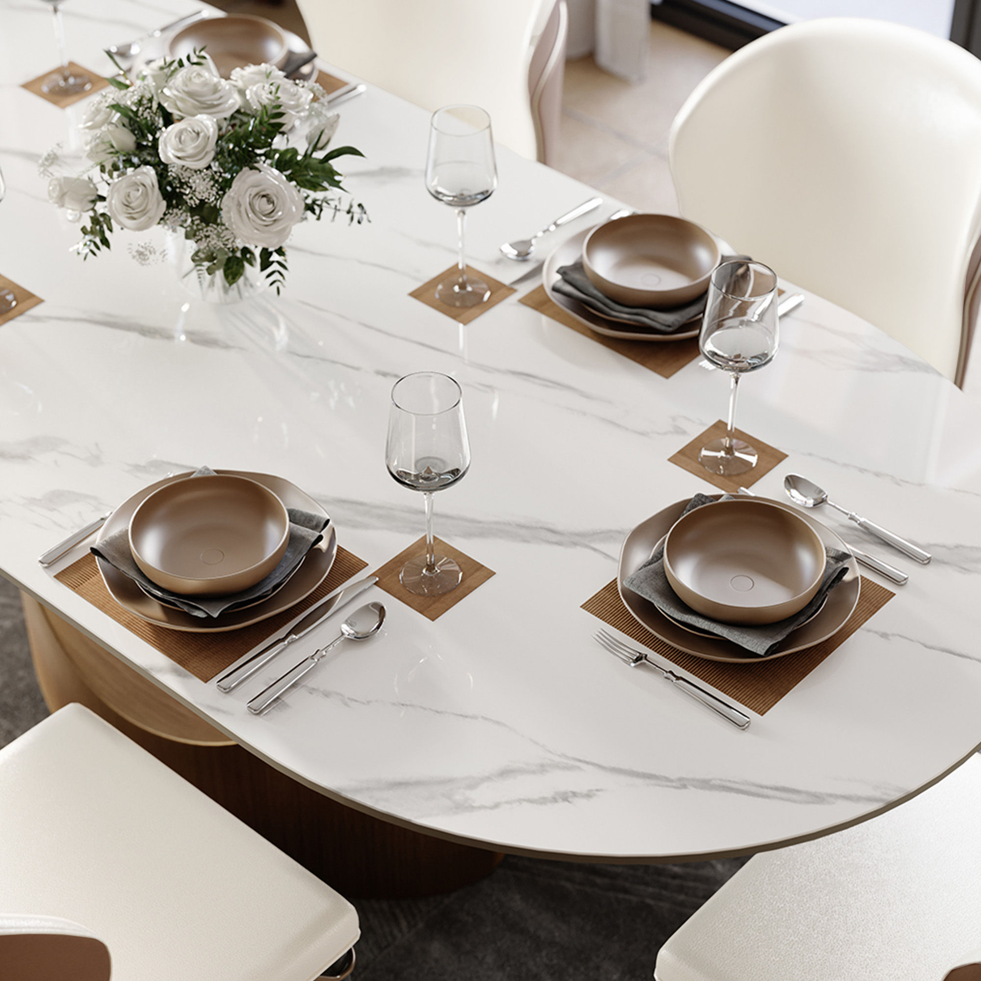 Bronze Glossy White Sintered Stone Dining Tables
