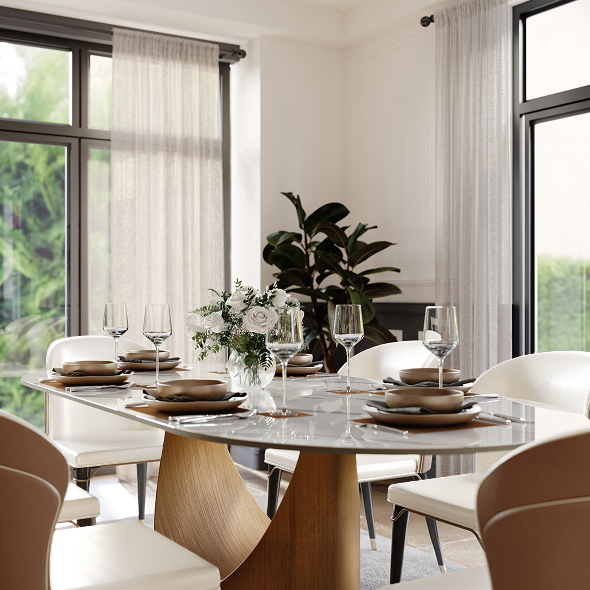 Bronze Glossy White Sintered Stone Dining Tables