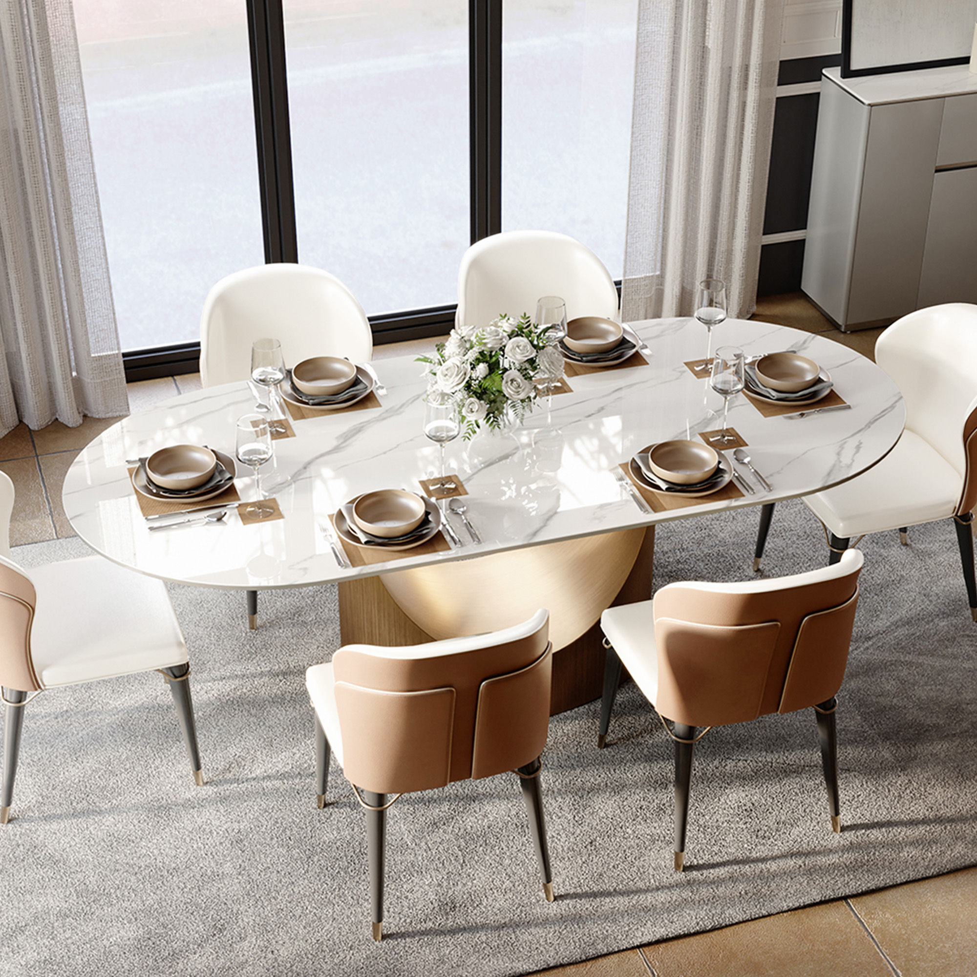 White Glossy White Sintered Stone Dining Tables