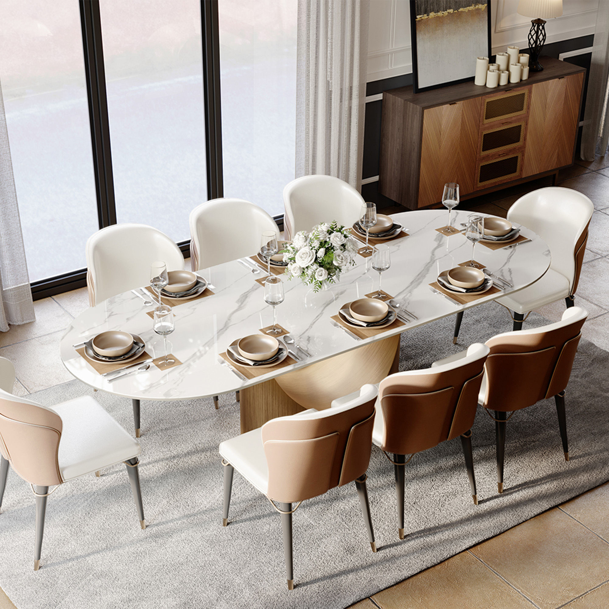 Seats 8 Glossy White Sintered Stone Dining Tables