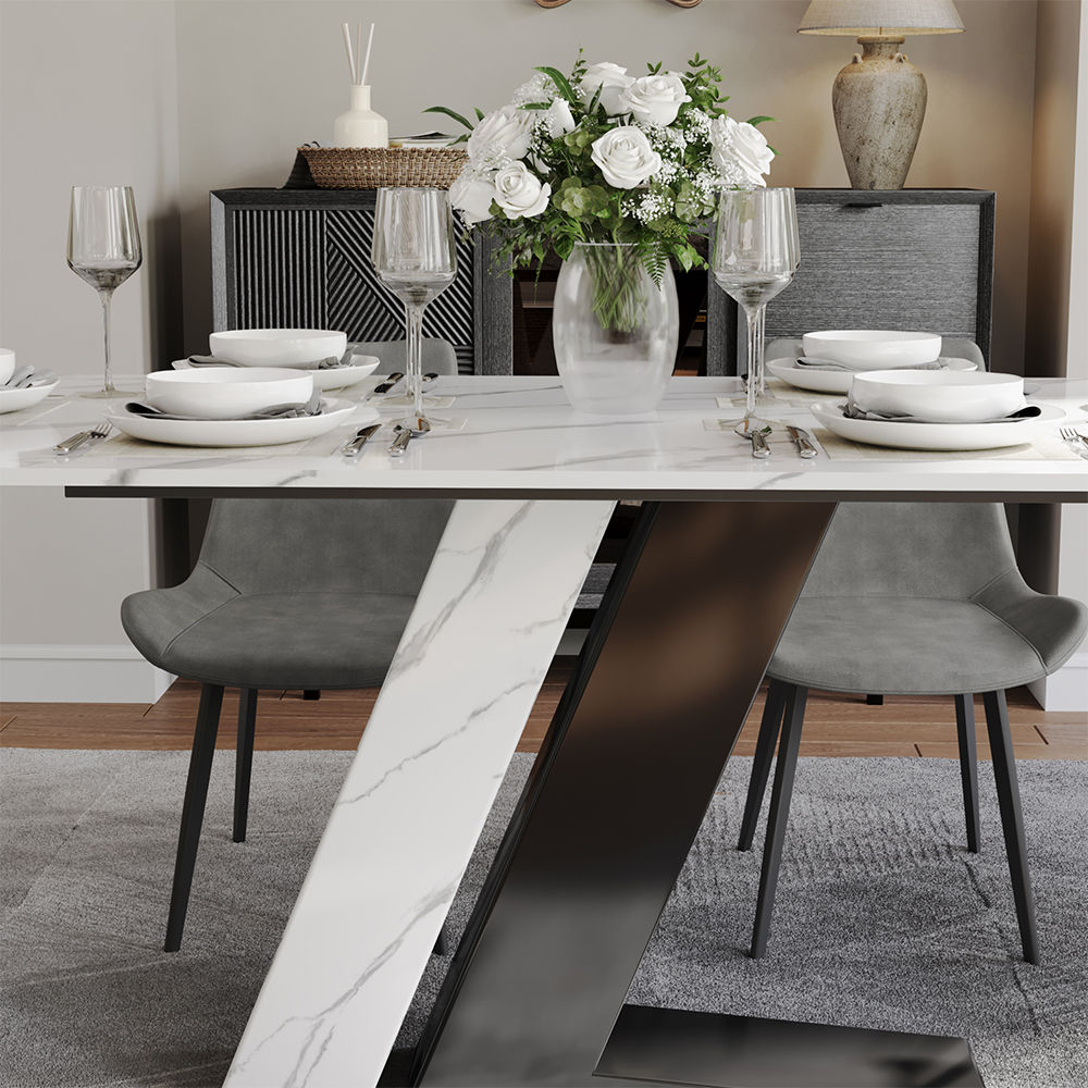 Base Glossy White & Black Sintered Stone Dining Tables