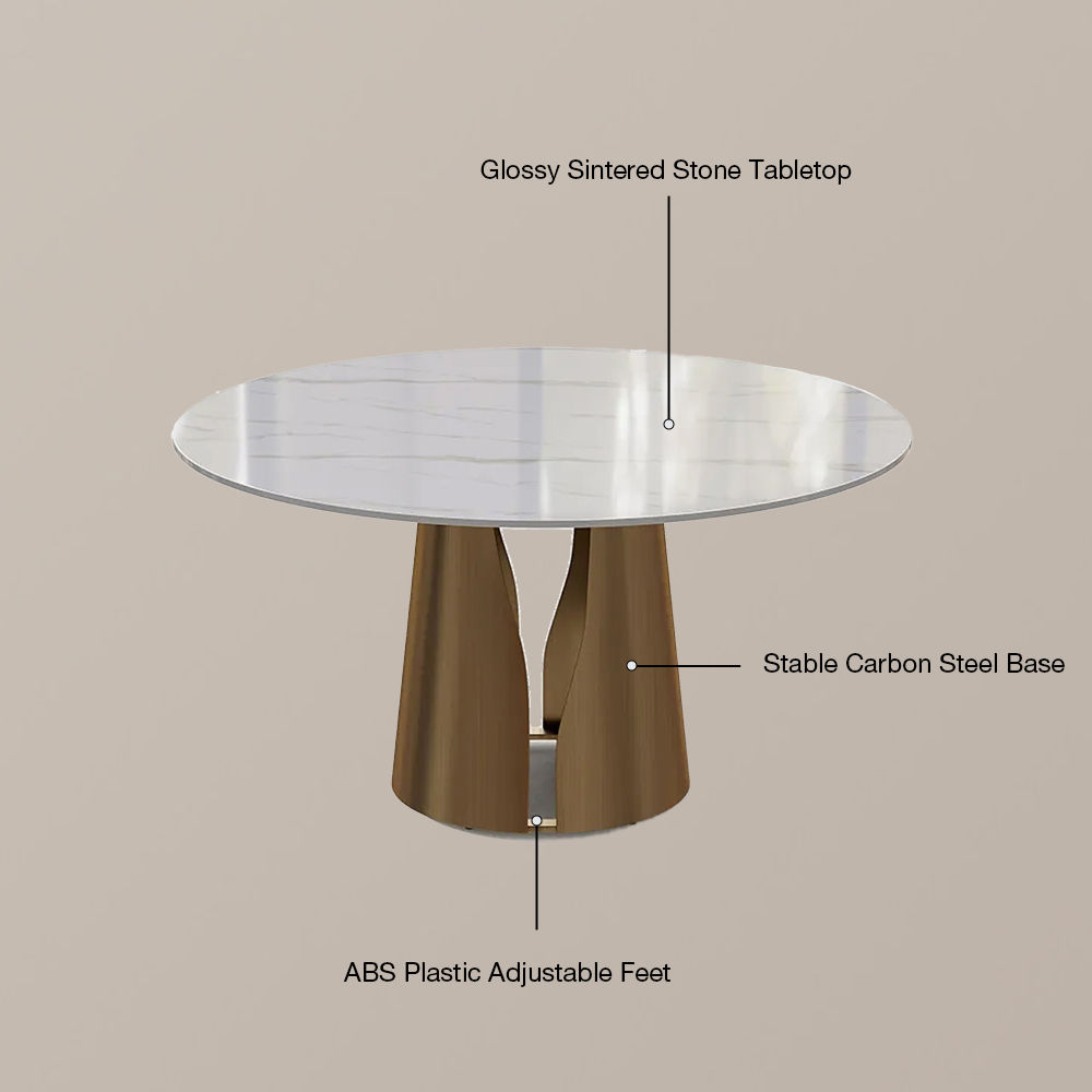 Round White & Bronze Glossy Sintered Stone Dining Tables
