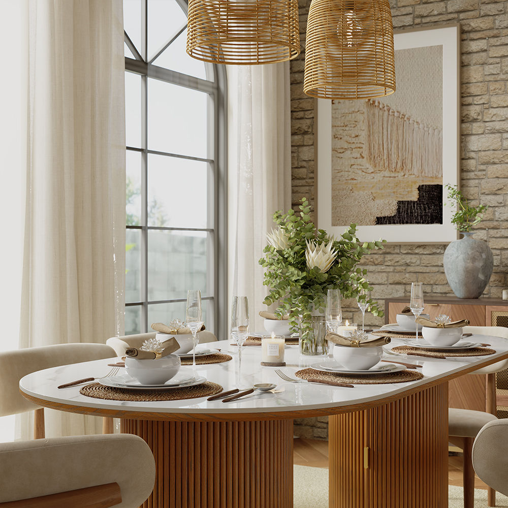 White & Walnut Glossy Sintered Stone Dining Tables