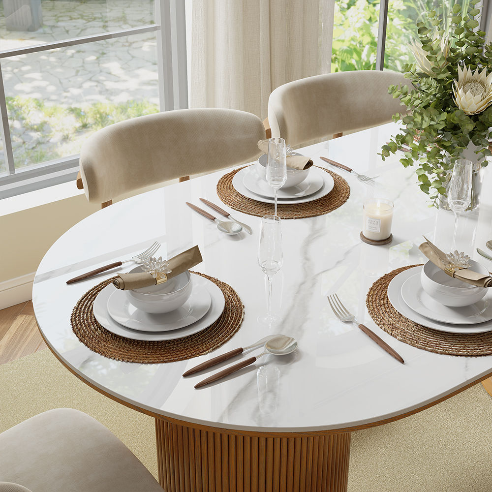 White & Walnut Glossy Sintered Stone Dining Tables