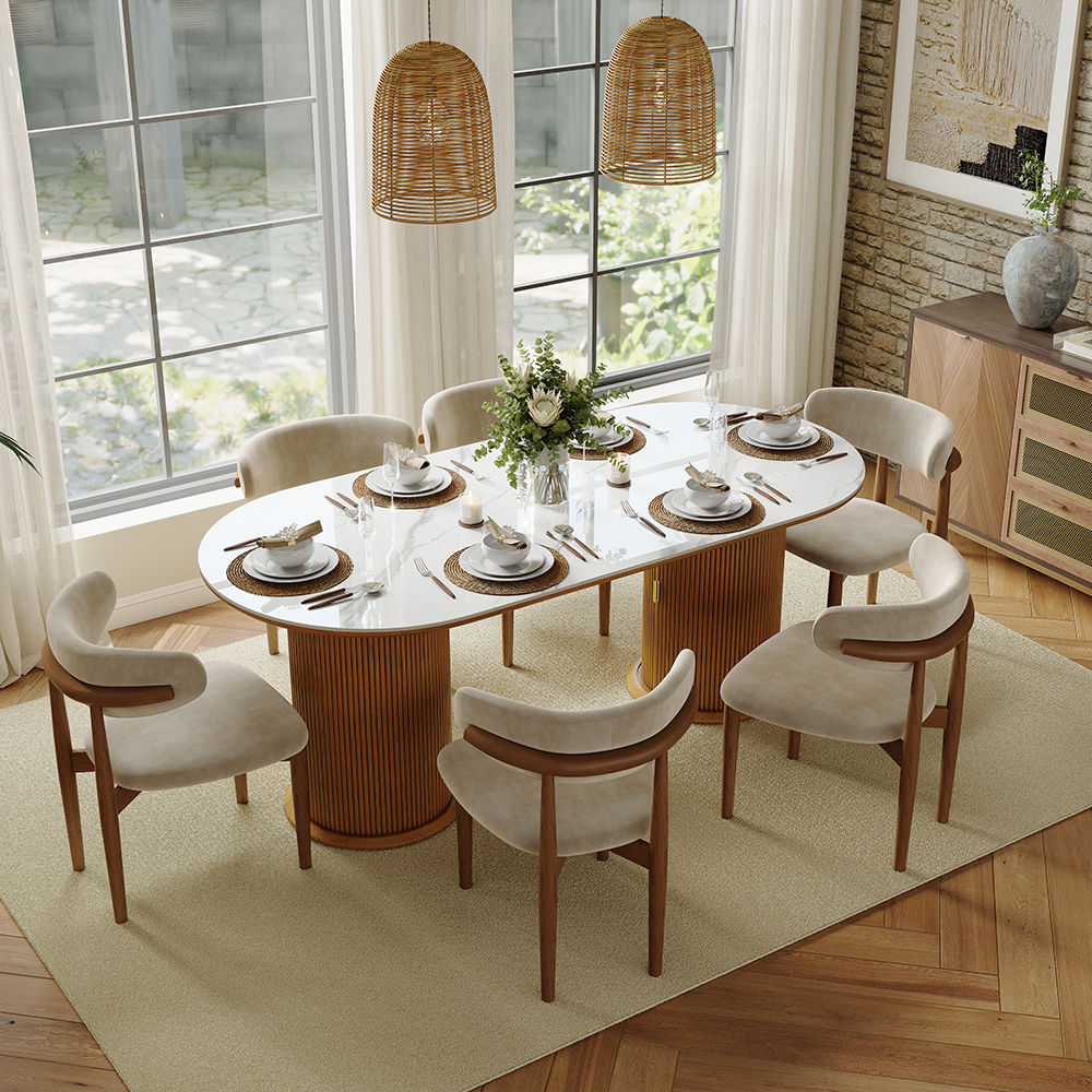 White & Walnut Glossy Sintered Stone Dining Tables