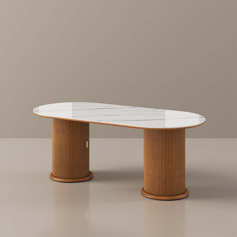 White & Walnut Glossy Sintered Stone Dining Tables