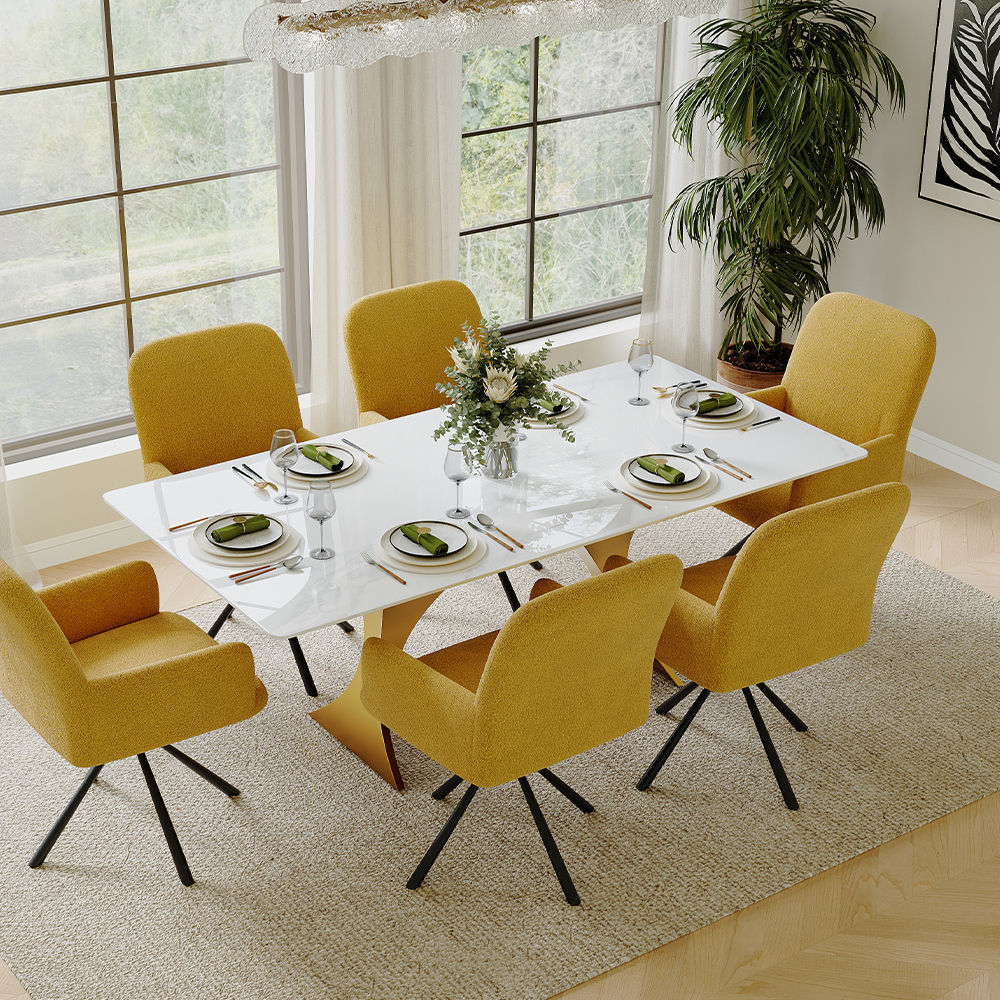 Rectangular White & Gold Glossy Sintered Stone Dining Tables