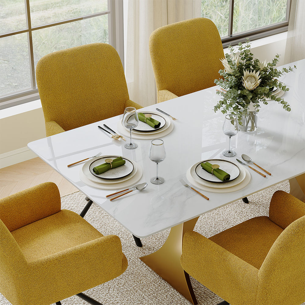 Sintered Stone White & Gold Glossy Sintered Stone Dining Tables