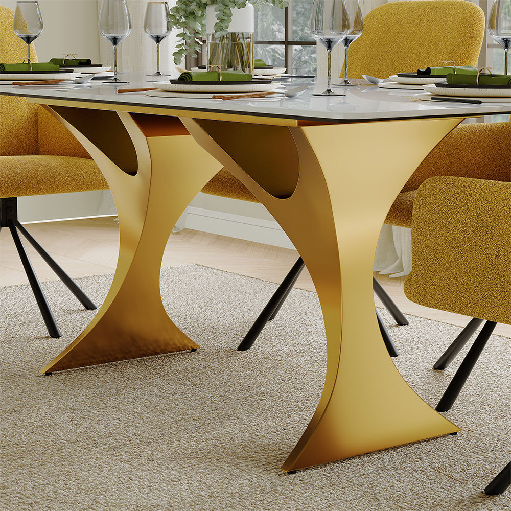 Rectangular White & Gold Glossy Sintered Stone Dining Tables