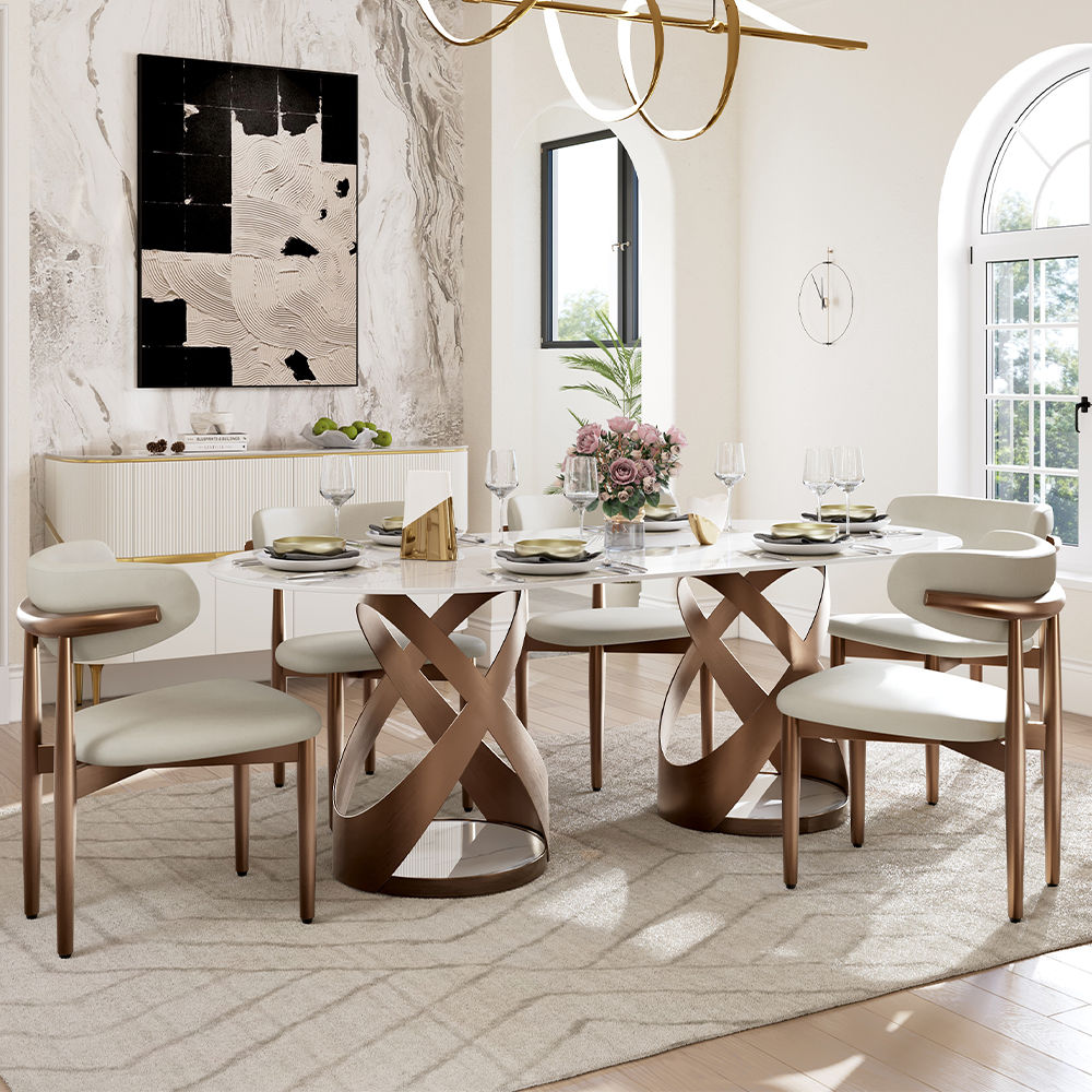 White & Bronze Glossy Sintered Stone Dining Tables