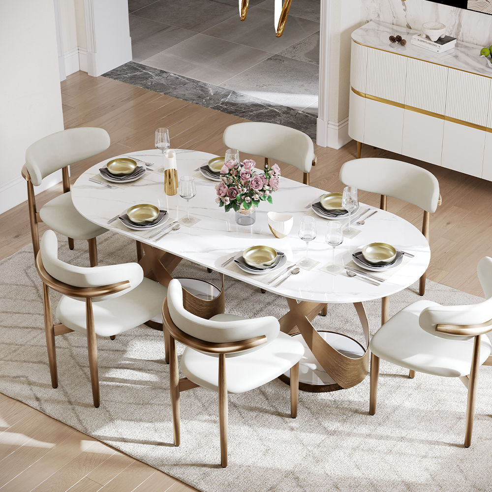 White & Bronze Glossy Sintered Stone Dining Tables