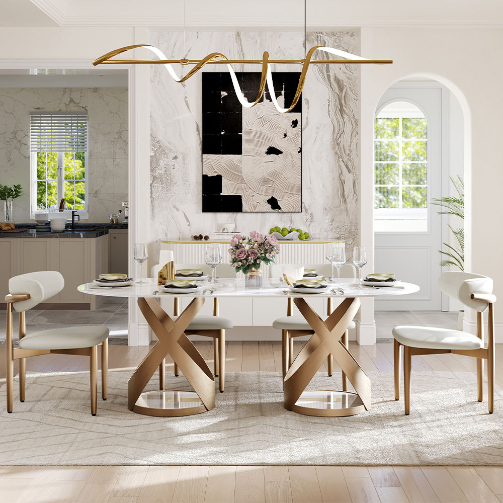 White & Bronze Glossy Sintered Stone Dining Tables
