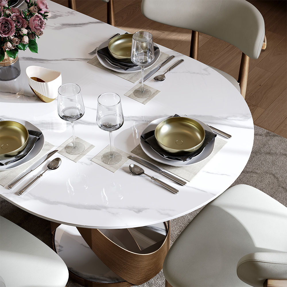 White & Bronze Glossy Sintered Stone Dining Tables