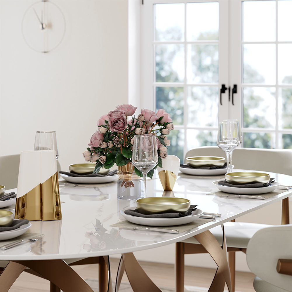 White & Bronze Glossy Sintered Stone Dining Tables