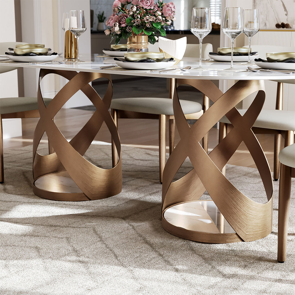 White & Bronze Glossy Sintered Stone Dining Tables