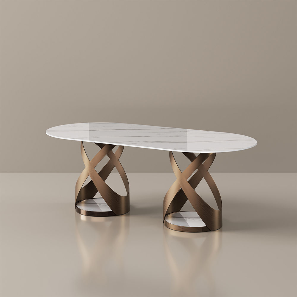 White & Bronze Glossy Sintered Stone Dining Tables