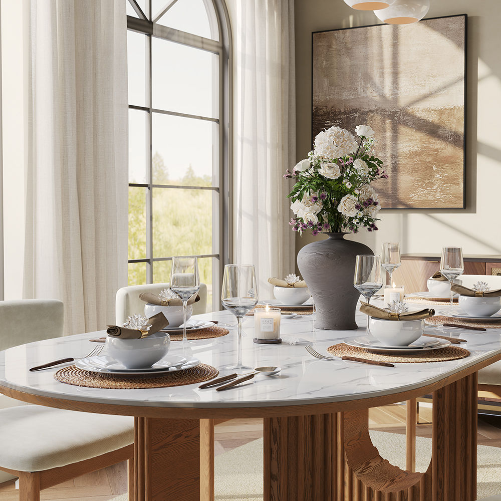 Solid Wood White & Walnut Glossy Sintered Stone Dining Tables