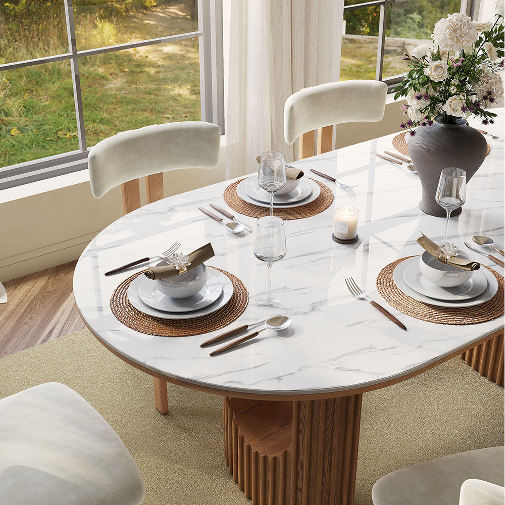 Partial Assembly Required White & Walnut Glossy Sintered Stone Dining Tables