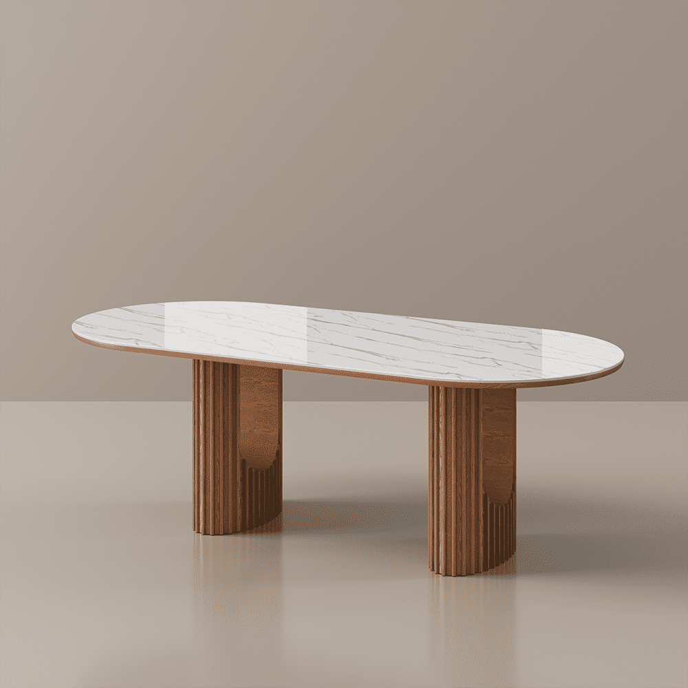 White & Walnut Glossy Sintered Stone Dining Tables
