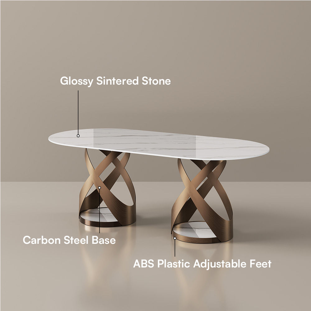 White & Bronze Glossy Sintered Stone Dining Tables