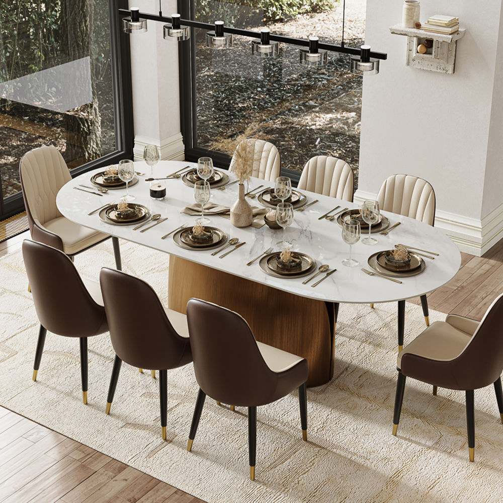 Curved White & Bronze Glossy Sintered Stone Dining Tables