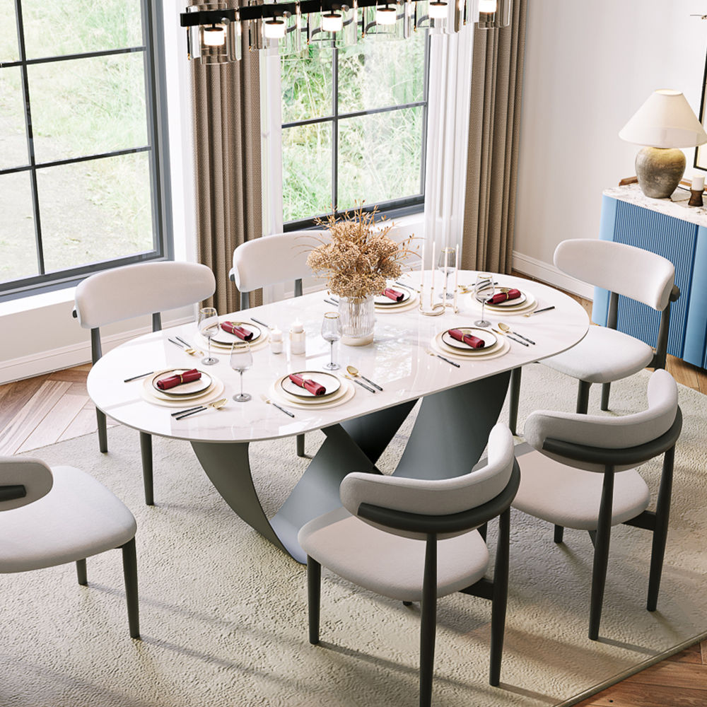 Oval White & Black Glossy Sintered Stone Dining Tables