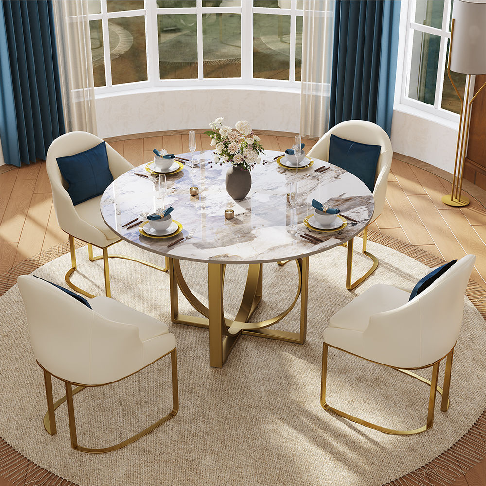 Round Pandora & Gold Glossy Sintered Stone Dining Tables